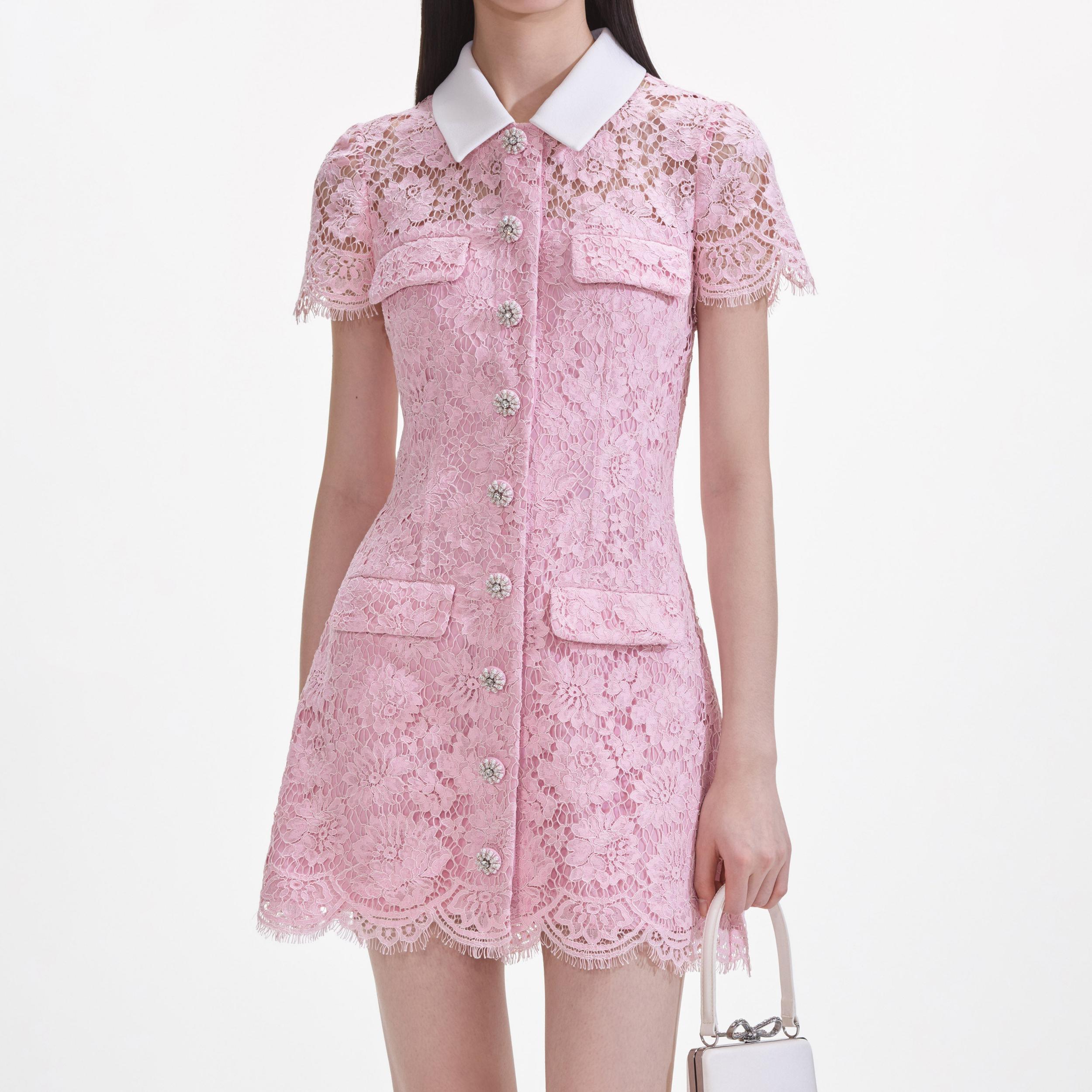 Pink Lace Collared Mini Dress Product Image