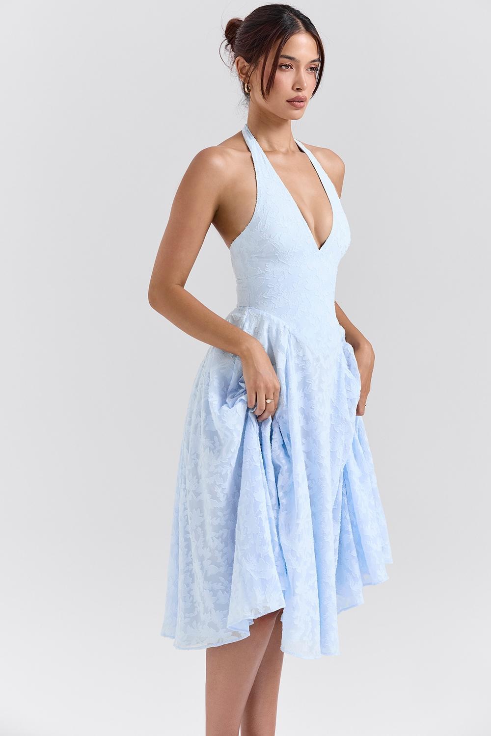 Arietta Bluebell Floral Jacquard Halter Midi Dress Product Image