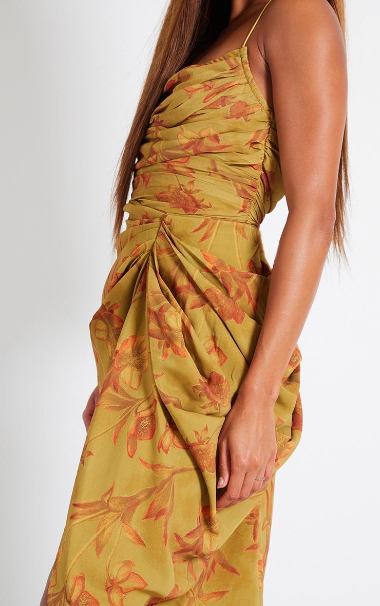 Green Abstract Print Chiffon Ruched Drape Midi Dress Product Image