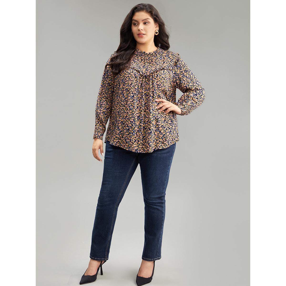 Plus Size Multicolor Ditsy Floral Shirred Ruffle Trim Blouse Women Elegant Long Sleeve Halter neck Dailywear Blouses BloomChic 30/6X Product Image