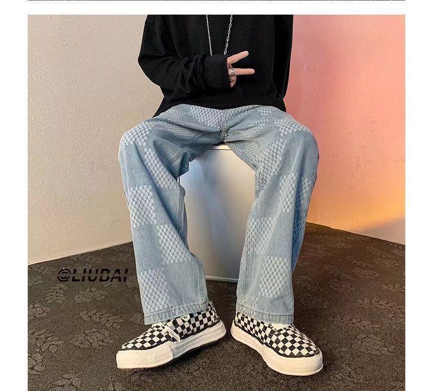 Check Straight Cut Jeans Product Image