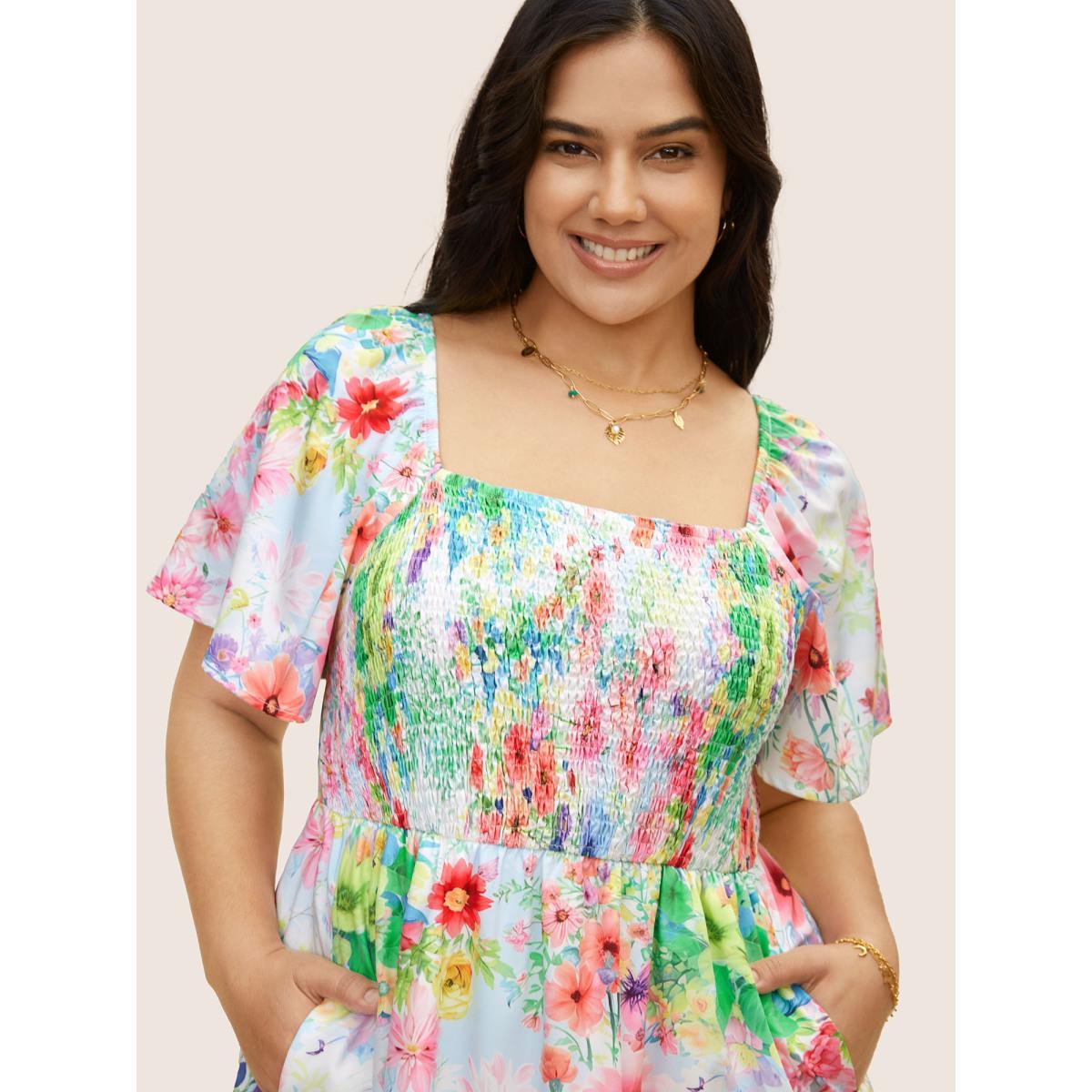 Plus Size Square Neck Floral Shirred Ruffle Layered Hem Dress Originalwhite Women Elegant Shirred Square Neck Short sleeve Curvy BloomChic 30/6X Product Image