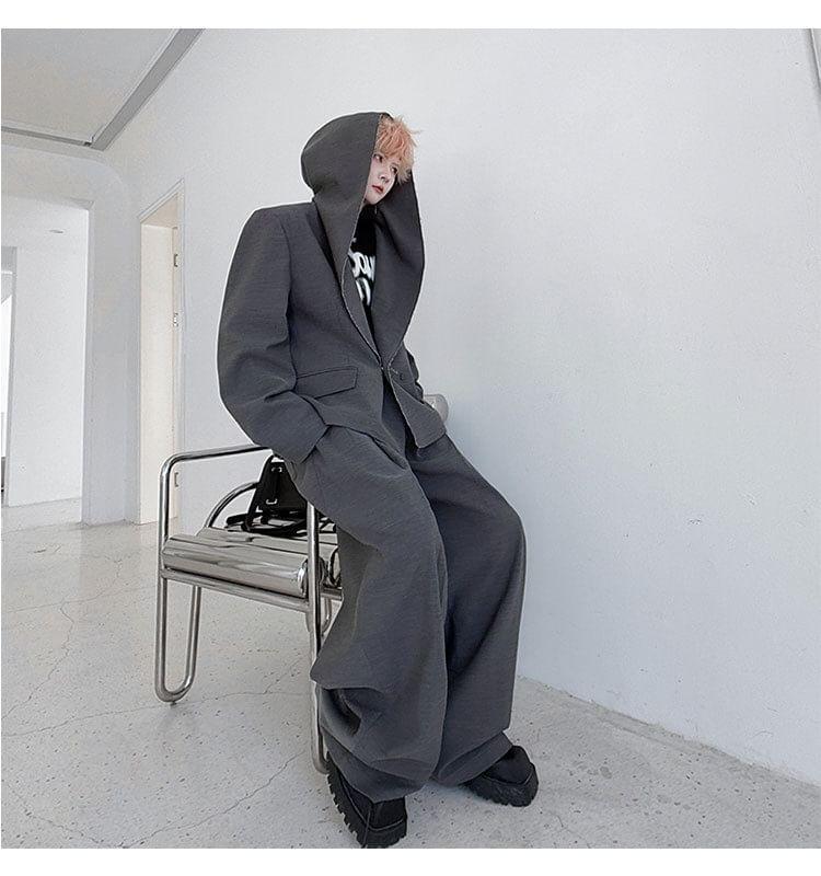 Set: Hooded Plain Blazer + High Waist Wide Leg Dress Pants Product Image