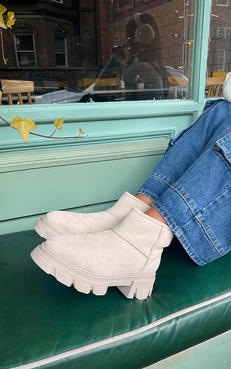 Cream Faux Suede Round Borg Lined Chunky Ankle Boots Product Image
