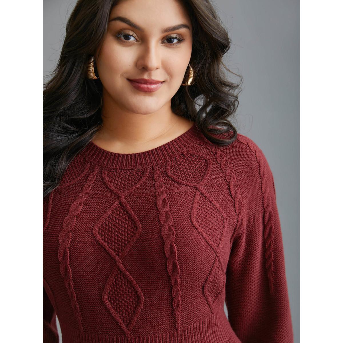 Plus Size Cable Knit Raglan Sleeve Midi Sweater Dress Burgundy Women Casual Bodycon Long Sleeve Everyday Sweater Dresses BloomChic 30/6X Product Image