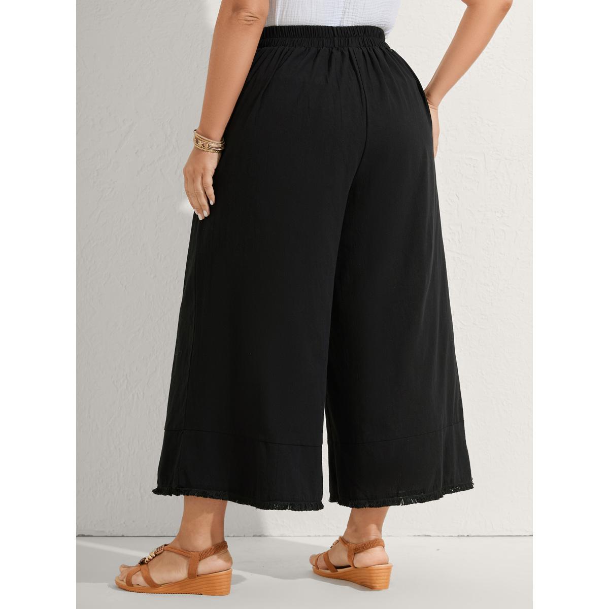 Plus Size Cotton Floral Embroidered Pockets Ribbed Hem Pants Women Black Resort Loose Mid Rise Vacation Pants BloomChic 12/L Product Image