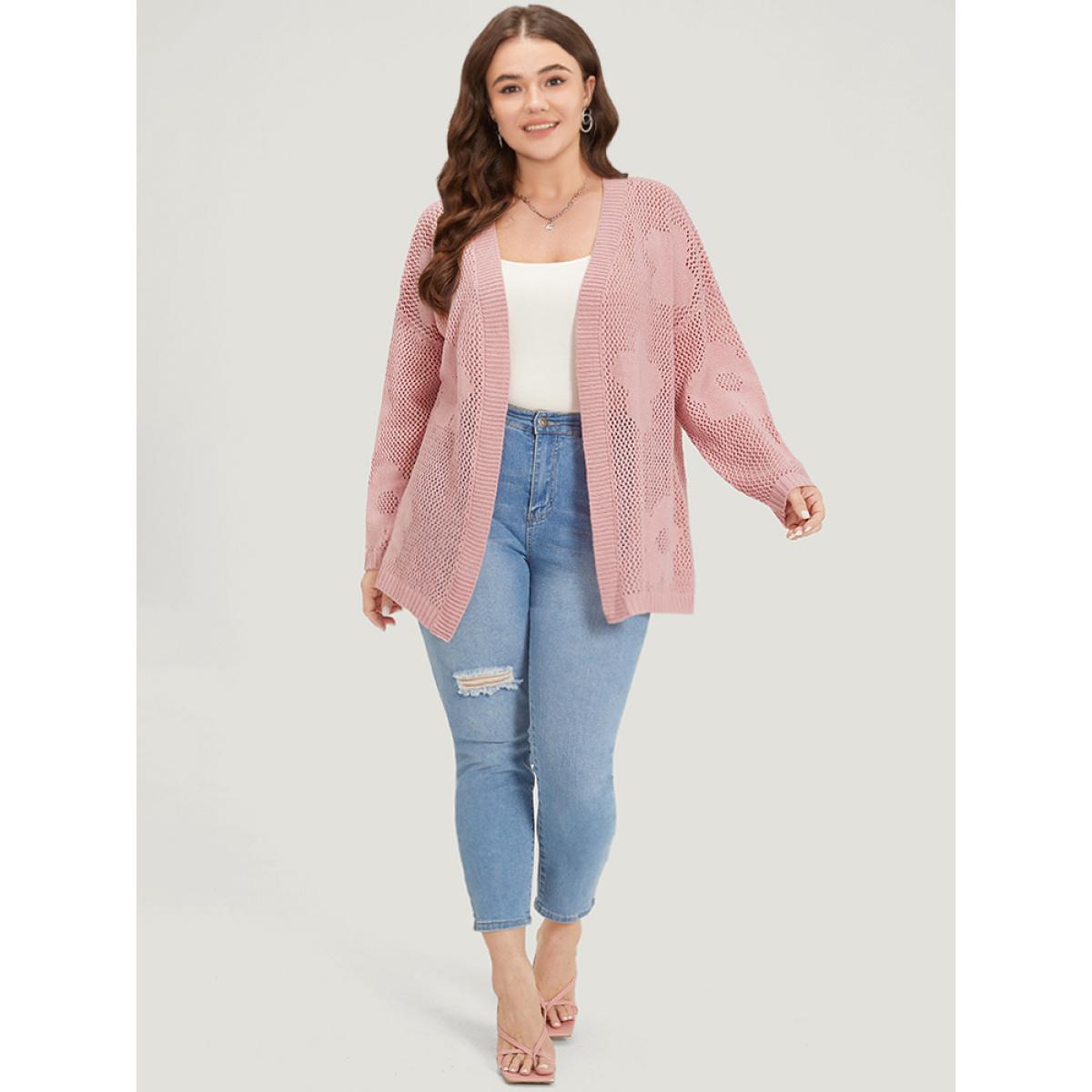 Plus Size Floral Graphic Eyelet Open Front Cardigan Pink Women Casual Loose Long Sleeve Dailywear Cardigans BloomChic 22-24/3X Product Image