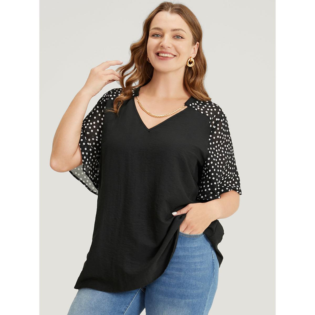 Plus Size Black Polka Dot Patchwork Flutter Sleeve Chain Detail Blouse Women Elegant Short sleeve V-neck Dailywear Blouses BloomChic 12/L Product Image