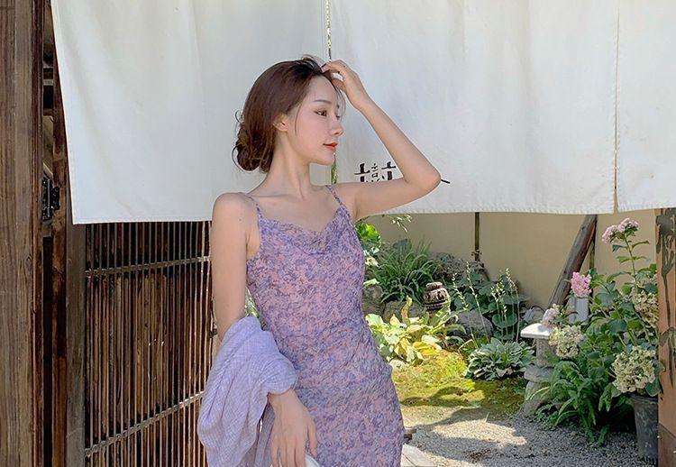 Spaghetti Strap Cowlneck Floral Slit Midi Dress / Cropped Cardigan Product Image