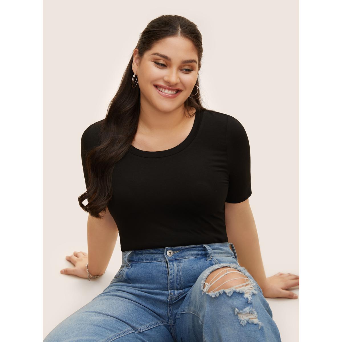 Plus Size Plain Round Neck Slim Fit Bodysuit Women Black Non Bodysuits BloomChic 10/M Product Image