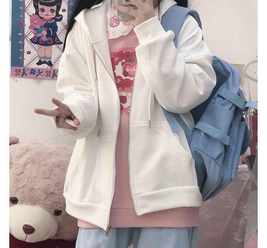 Plain Zip-Up Hoodie Product Image