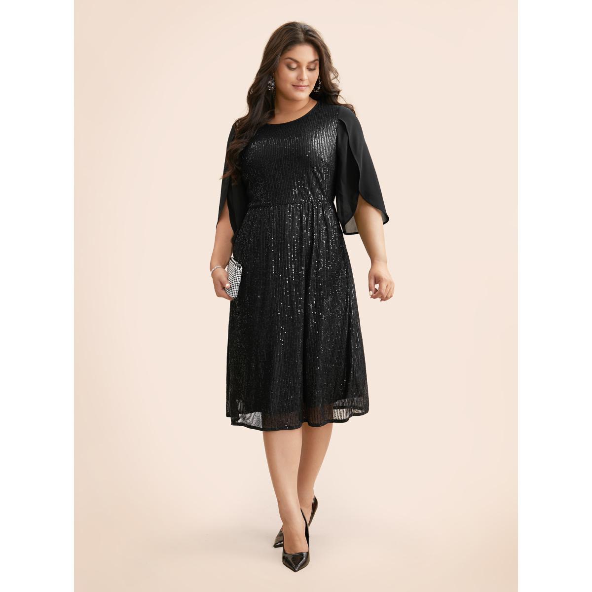Plus Size Sequin Mesh Patchwork Petal Sleeve Dress Deeppurplered Women Cocktail Overlapping Party Curvy Bloomchic 26/4X Product Image