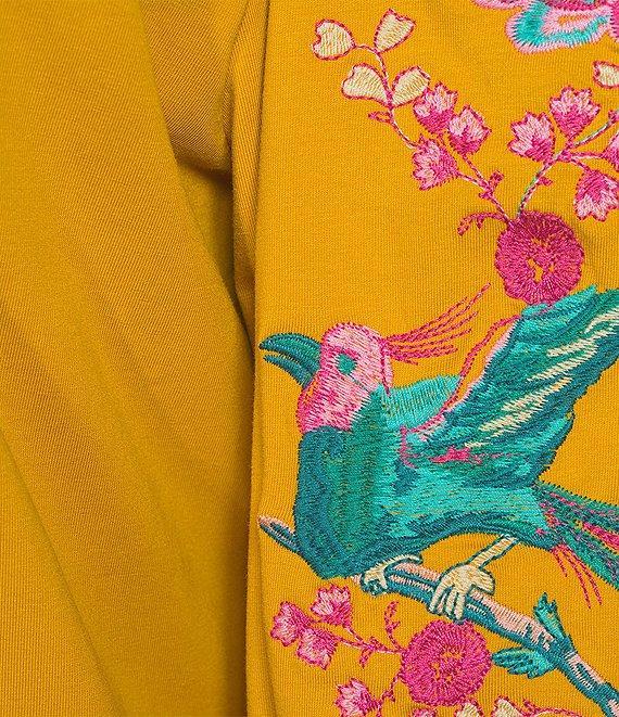 Calessa Petite Size Split V-Neck Long Floral Embroidered Balloon Sleeve Tunic Product Image