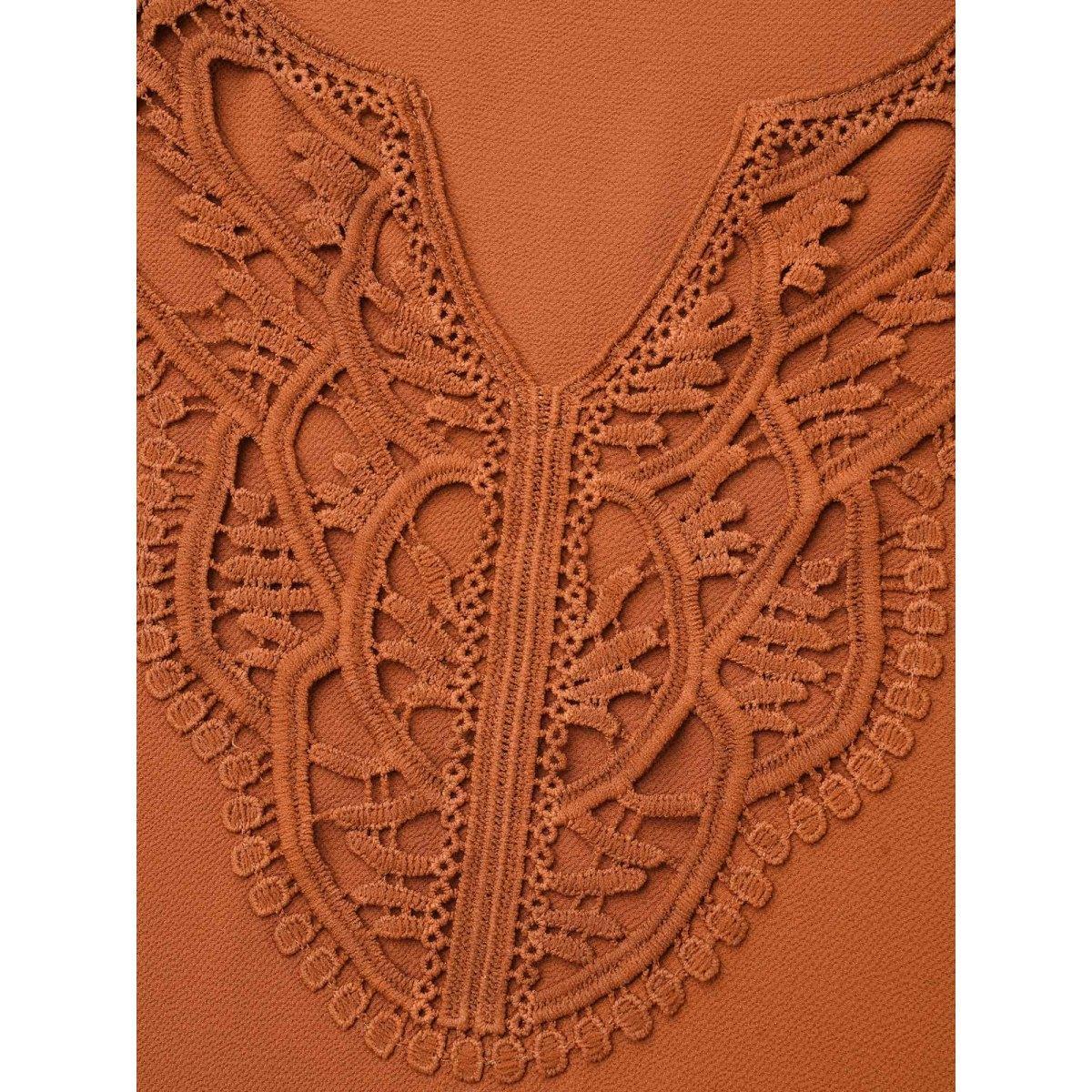 Plus Size Rust Notched Lace Trim Gathered Blouse Women Elegant Extra Long Sleeve Flat collar with V-notch Everyday Blouses BloomChic 10/M Product Image