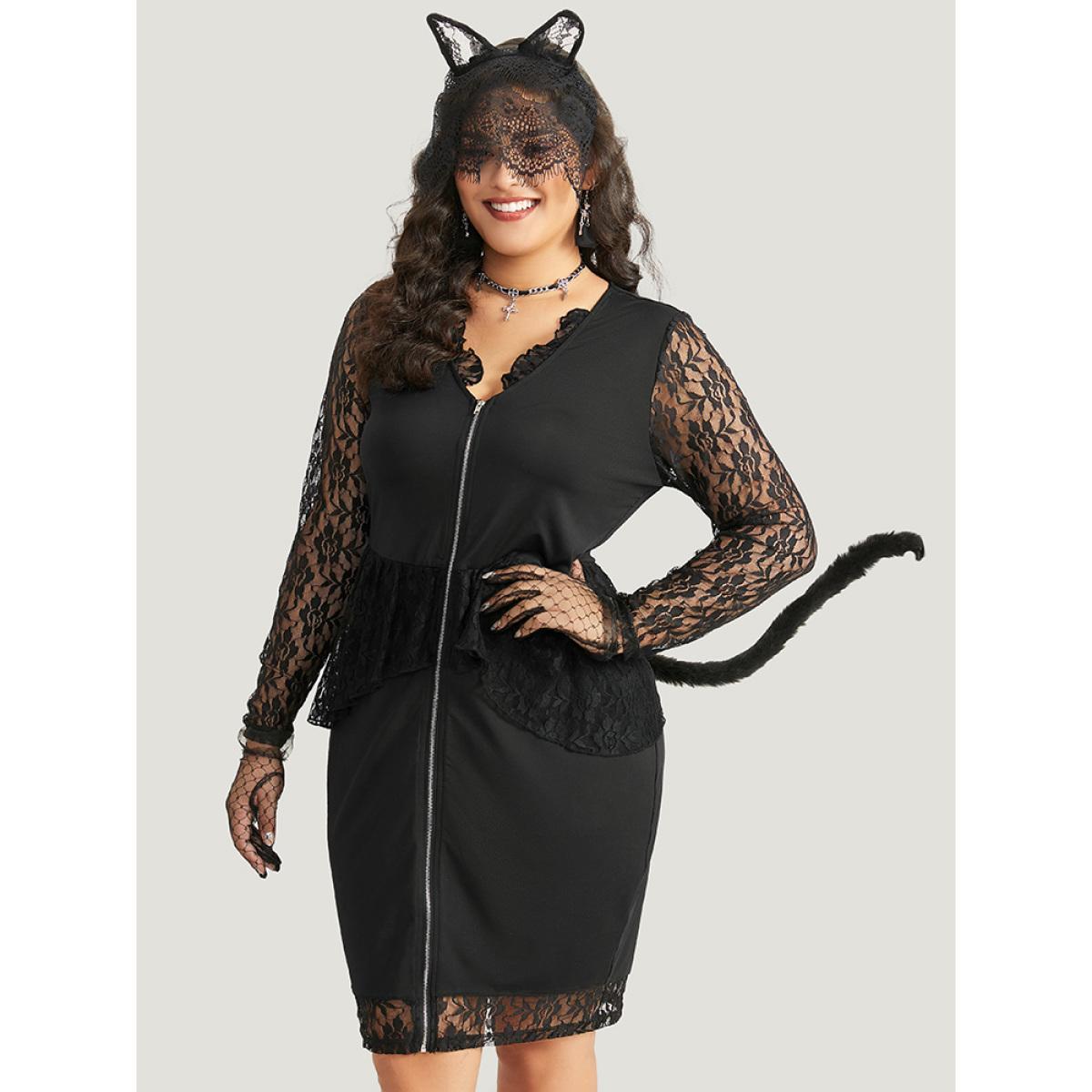 Plus Size Halloween Guipure Lace Zipper Fly Layered Dress Black Women Elegant See through V-neck Long Sleeve Curvy Knee Dress BloomChic 18-20/2X Product Image
