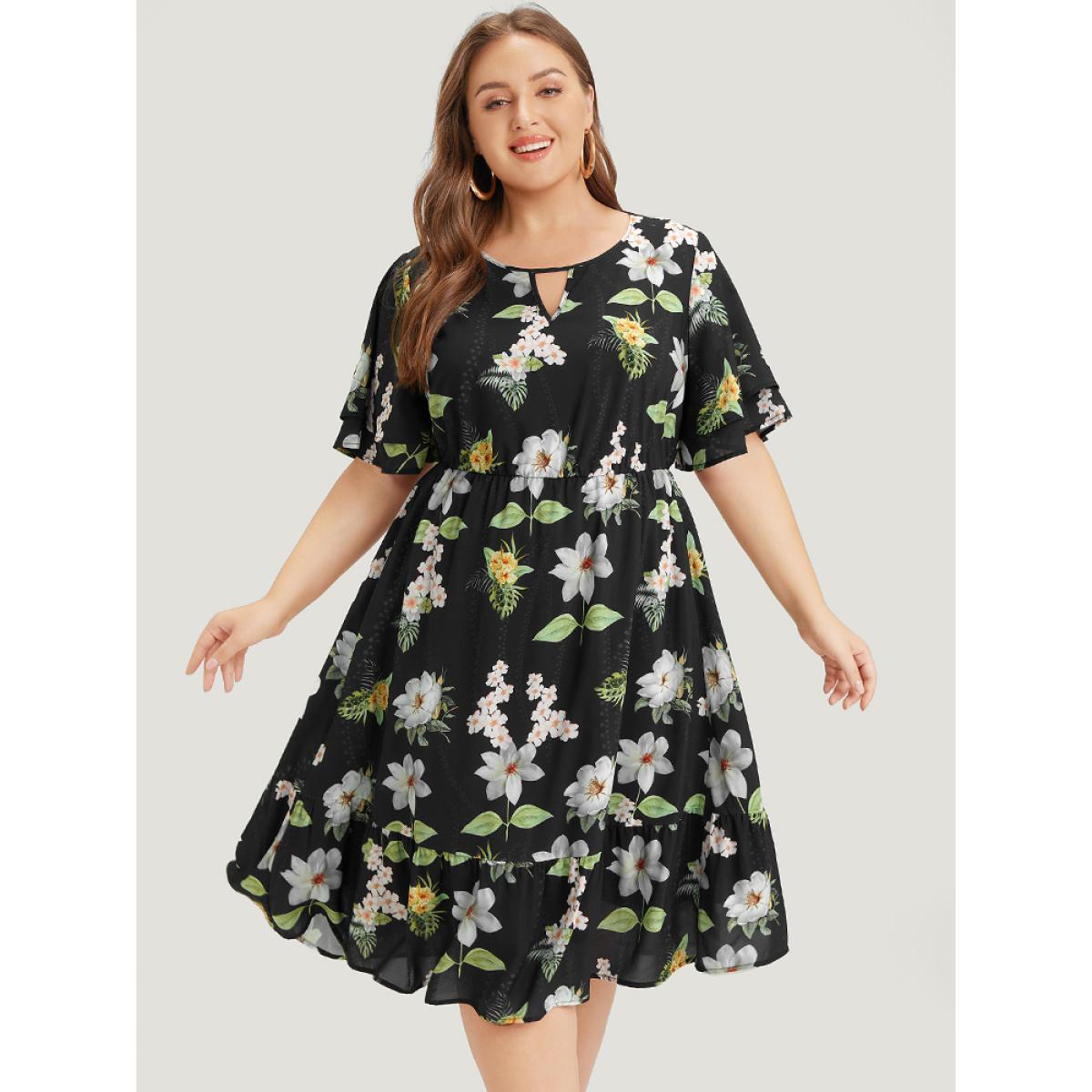 Plus Size Floral Print Ruffle Pocket Keyhole Round Neck Dress BlackFlower Women Elegant Keyhole V-neck Short sleeve Curvy Midi Dress BloomChic 10/M Product Image