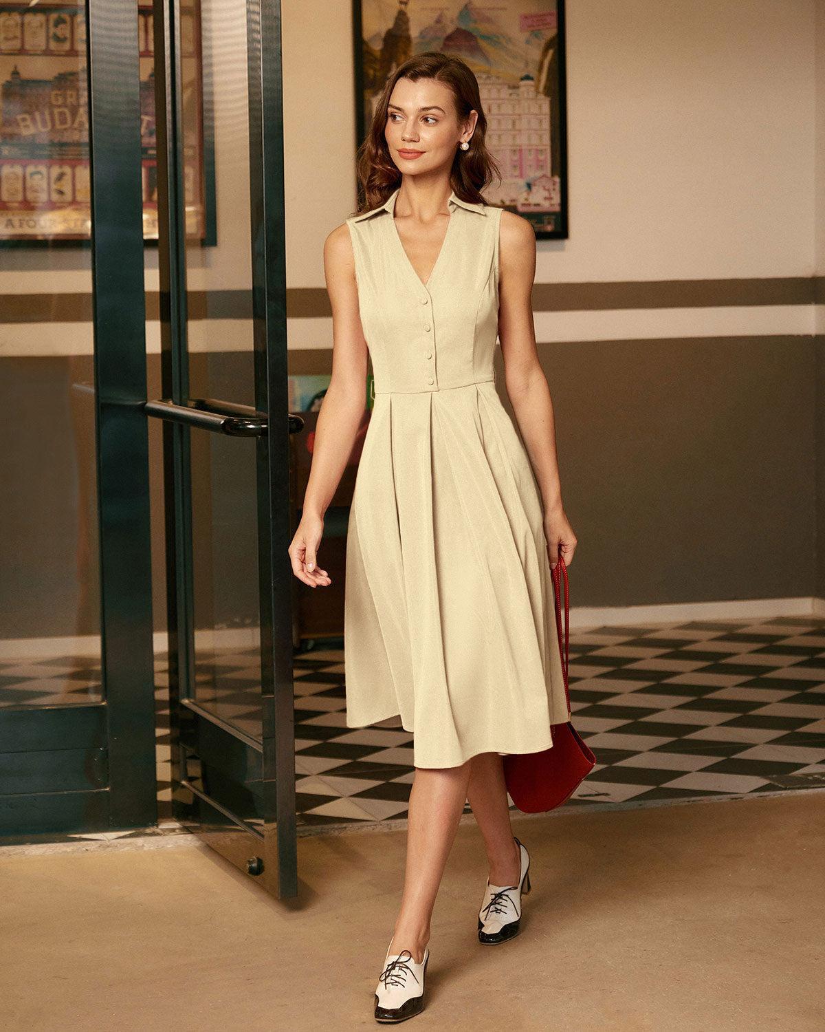Apricot Button Sleeveless Midi Dress Product Image