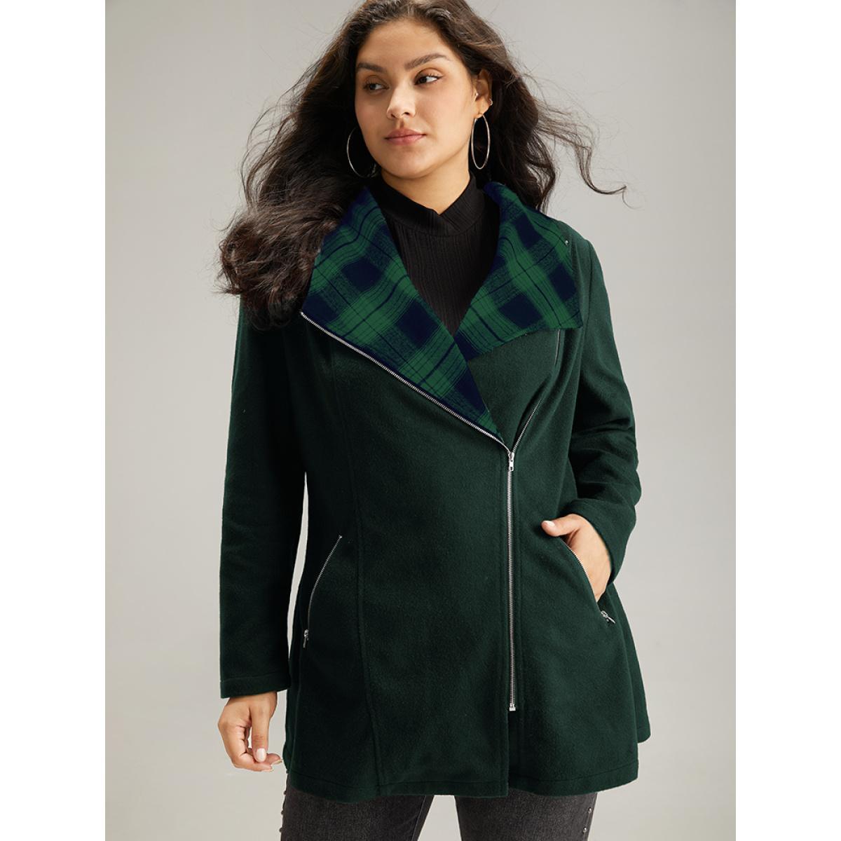 Plus Size Plaid Patchwork Lapel Collar Zipper Coat Women DarkGreen Elegant Contrast Ladies Everyday Winter Coats BloomChic 14-16/1X Product Image