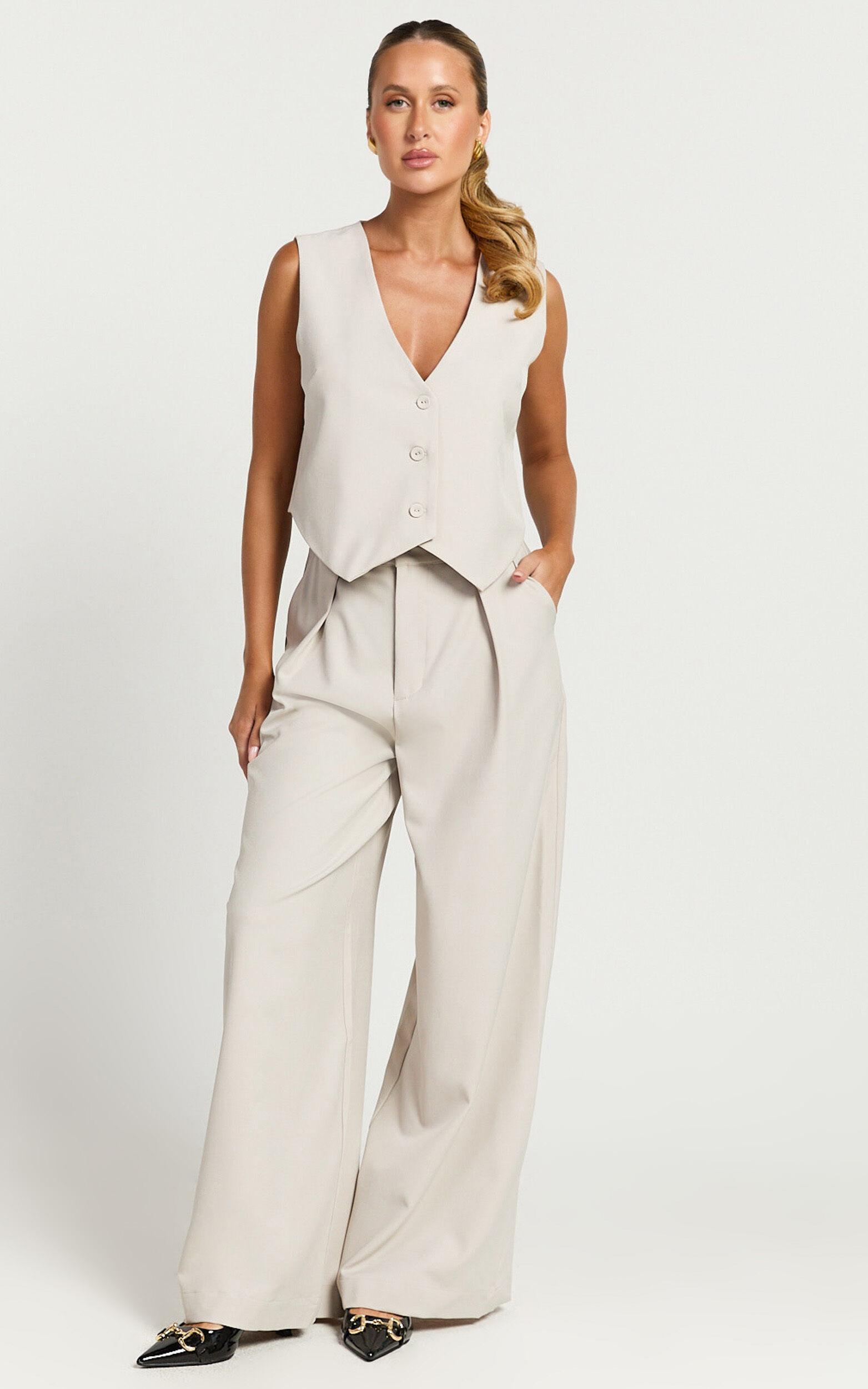 Melinda Pants - Recycled Tailored High Waisted Pleated Wide Leg Pants in Stone Product Image