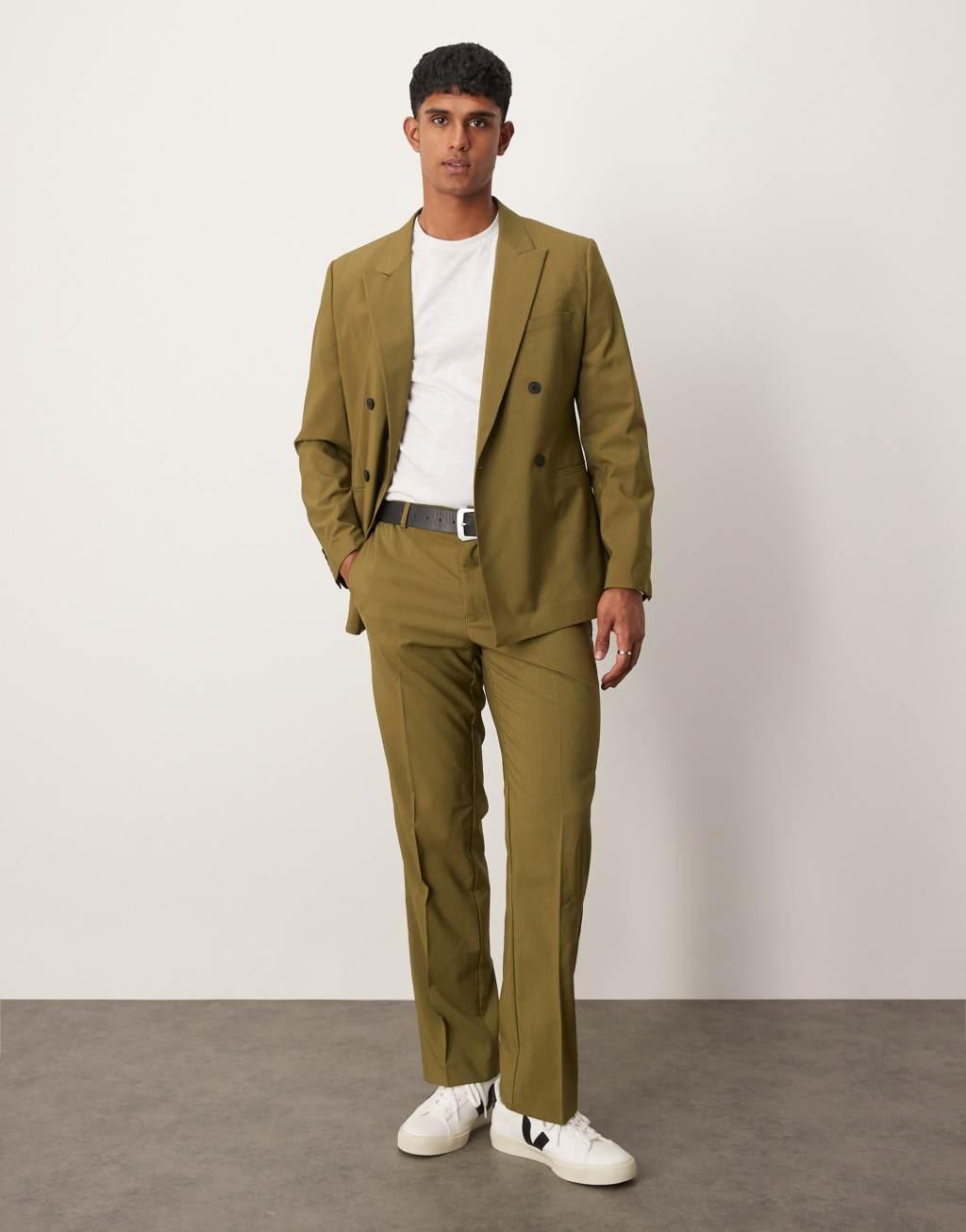 ASOS DESIGN double breasted slim suit jacket in olive green Product Image
