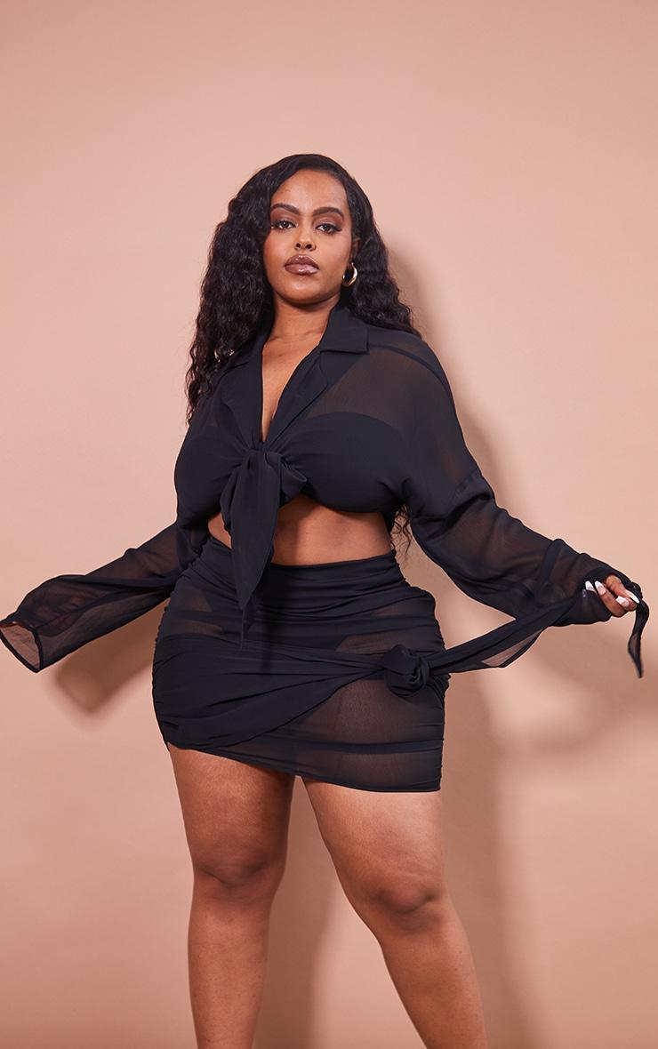 Plus Black Chiffon Ruched Beach Skirt Product Image