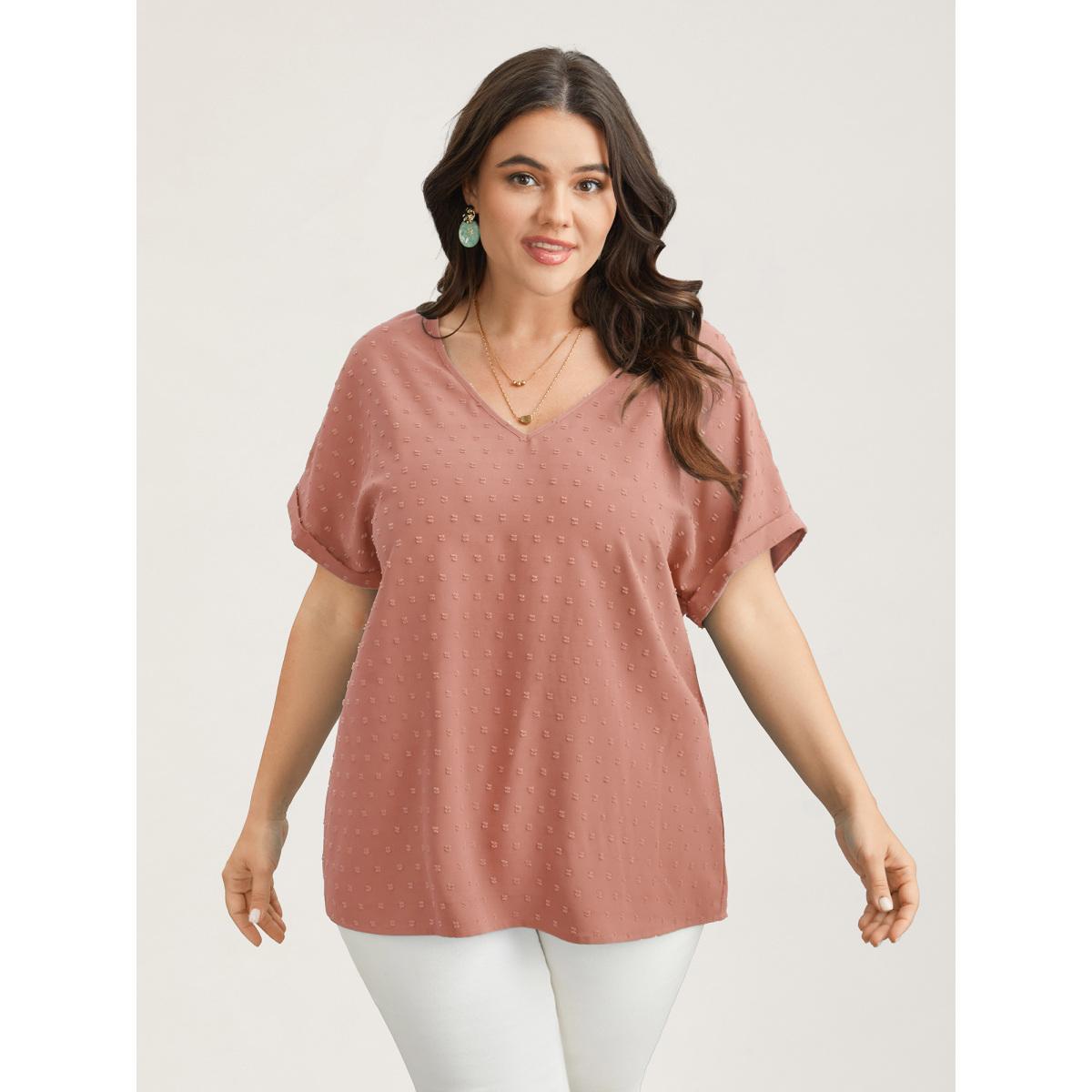 Plus Size Crepe Back-Button Textured V-Neck Shirt Women Elegant Short sleeve V-neck Everyday Blouses BloomChic 14-16/1X Product Image