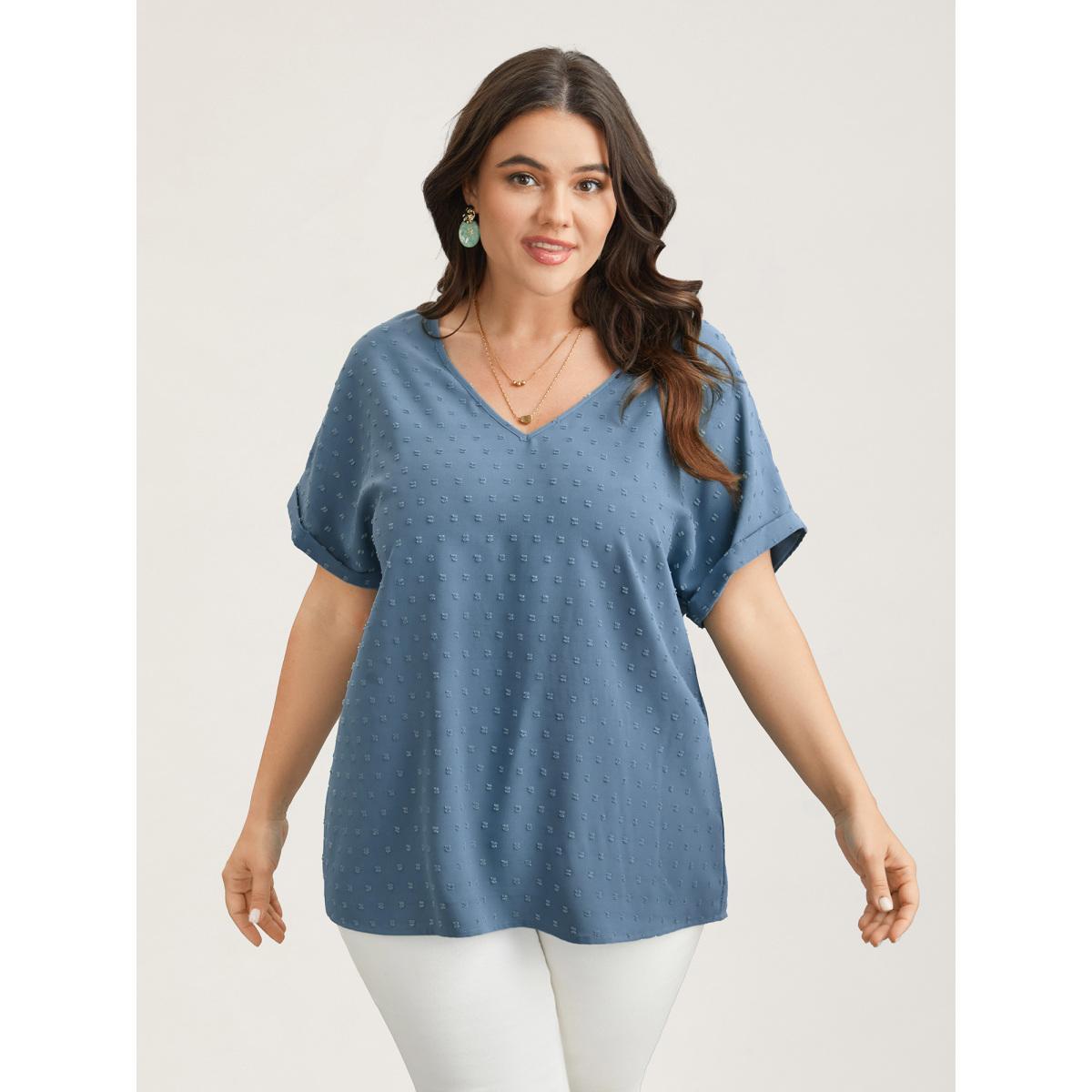 Plus Size Stone Back-Button Textured V-Neck Shirt Women Elegant Short sleeve V-neck Everyday Blouses BloomChic 22-24/3X Product Image