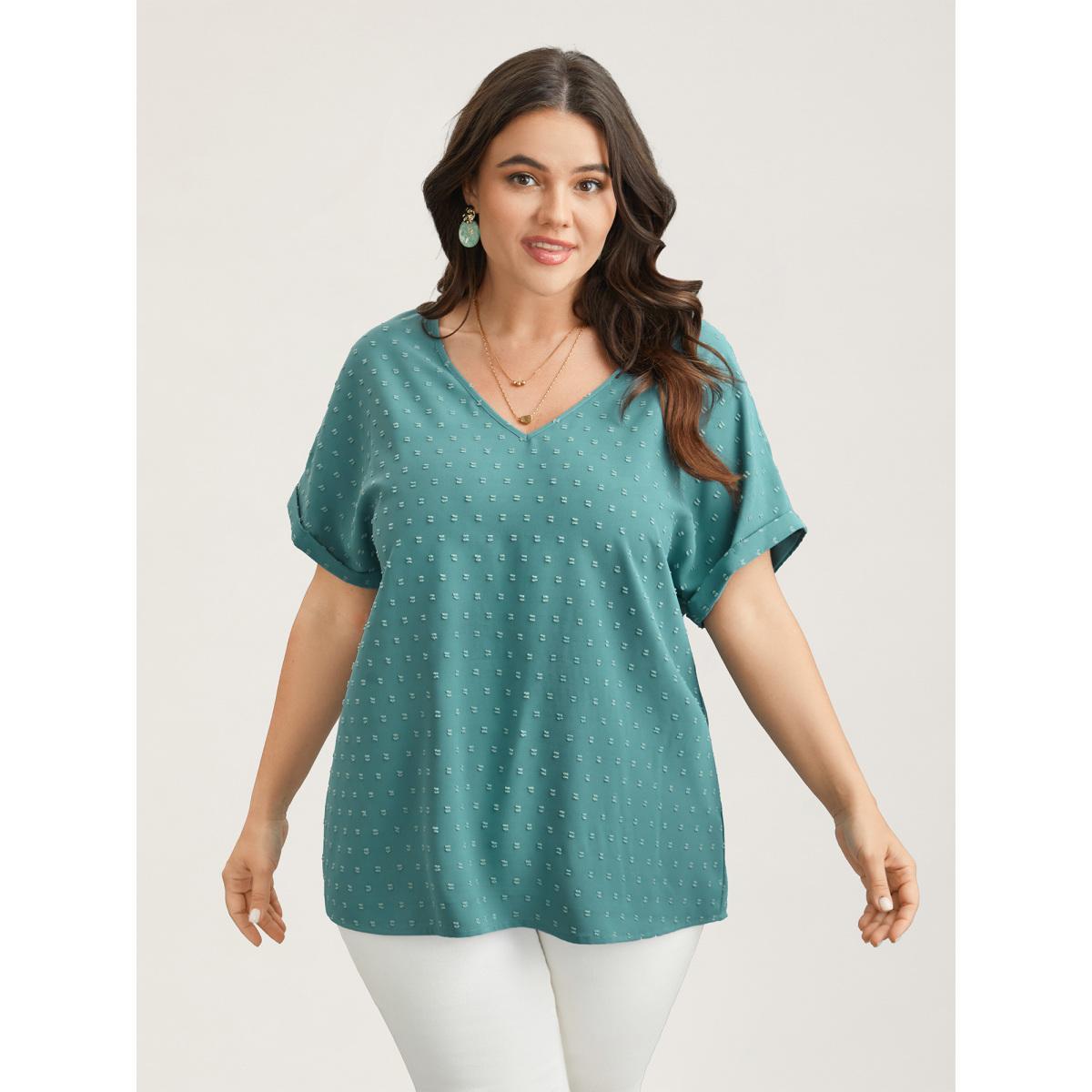 Plus Size Teal Back-Button Textured V-Neck Shirt Women Elegant Short sleeve V-neck Everyday Blouses BloomChic 22-24/3X Product Image