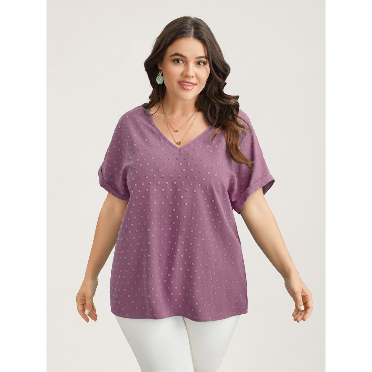 Plus Size Mauve Back-Button Textured V-Neck Shirt Women Elegant Short sleeve V-neck Everyday Blouses BloomChic 28/5X Product Image