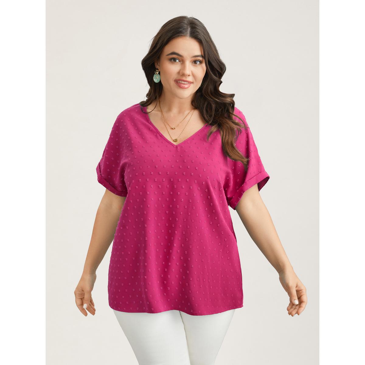 Plus Size RedViolet Back-Button Textured V-Neck Shirt Women Elegant Short sleeve V-neck Everyday Blouses BloomChic 26/4X Product Image