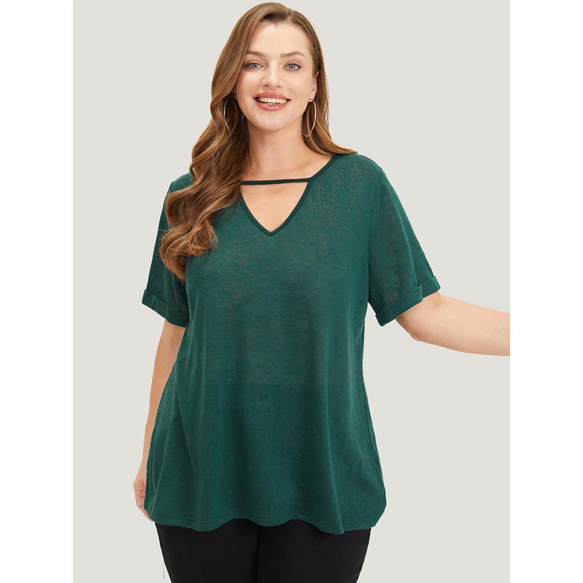 Plus Size Solid Keyhole Mesh Cuffed Sleeve T-shirt DarkGreen Women Casual See through Plain Keyhole Cut-Out Dailywear T-shirts BloomChic 14-16/1X Product Image