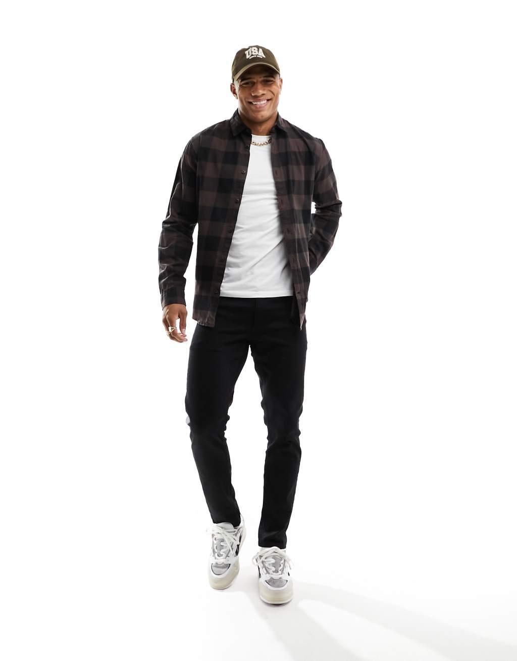 Jack & Jones Essentials flannel buffalo check shirt in black & white  Product Image