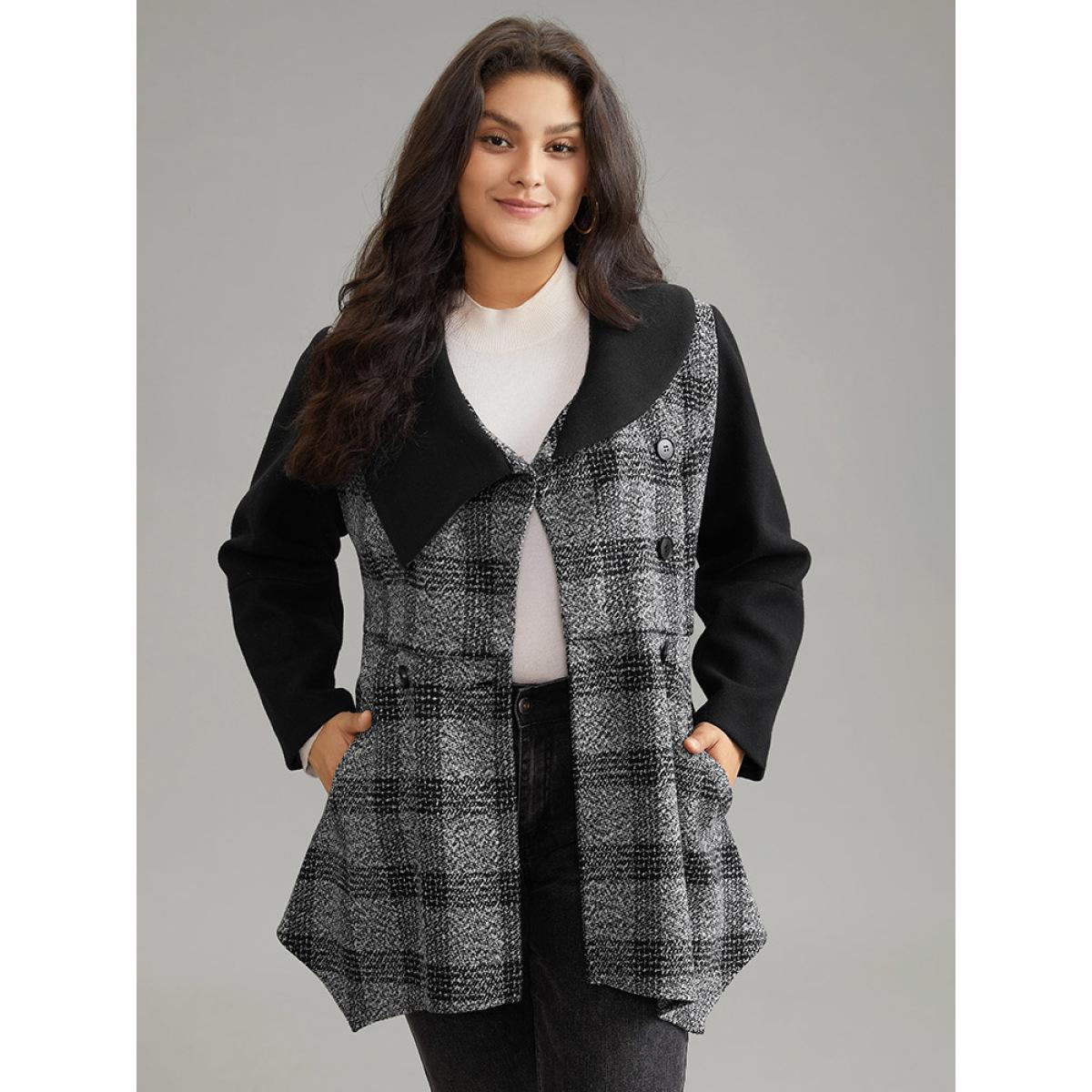 Plus Size Plaid Belted Lapel Collar Button Up Coat Women Black Casual Belted Ladies Dailywear Winter Coats BloomChic 10/M Product Image