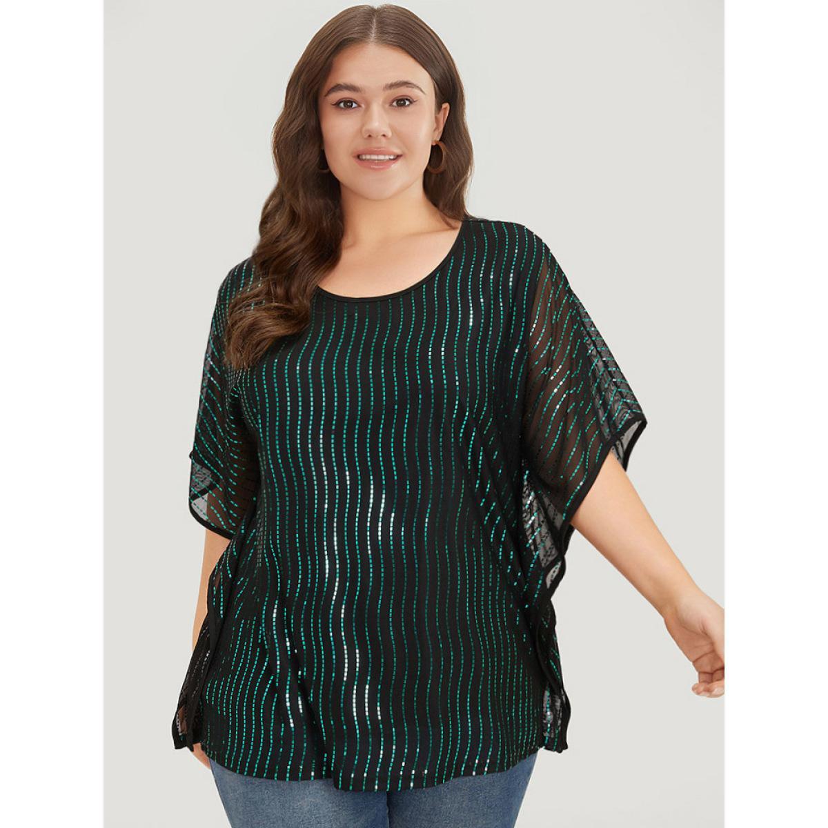 Plus Size Black Glitter Striped Mesh Batwing Sleeve Blouse Women Party Short sleeve Round Neck Going out Blouses BloomChic 22-24/3X Product Image