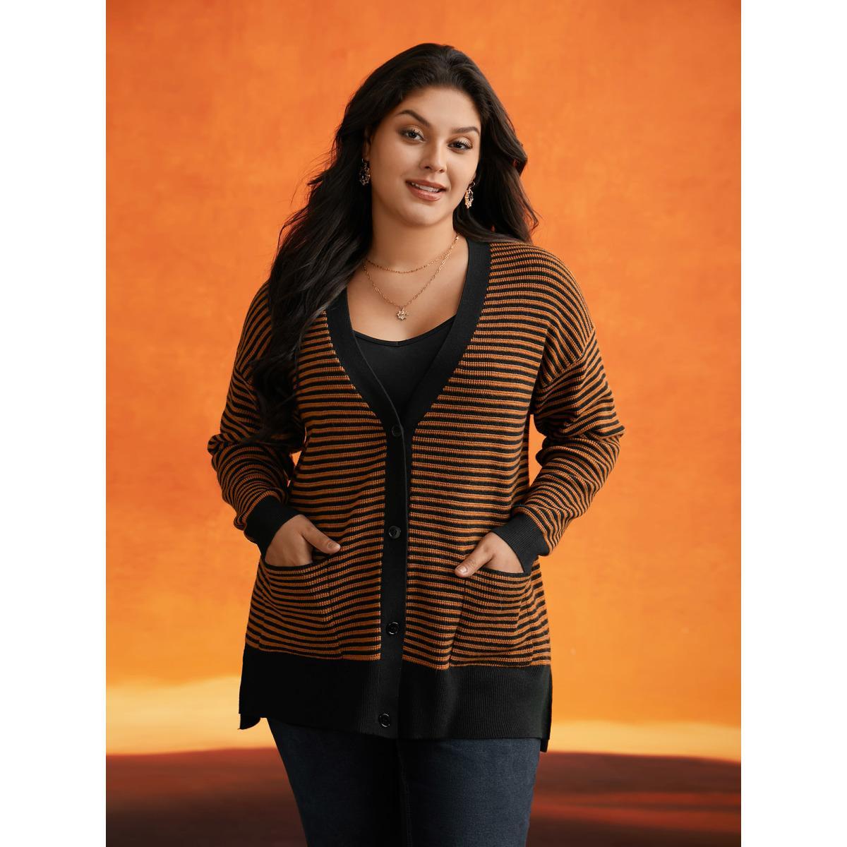 Plus Size Halloween Striped Ribbed Cardigan OrangeRed Women Casual Loose Long Sleeve Everyday Cardigans BloomChic 12/L Product Image