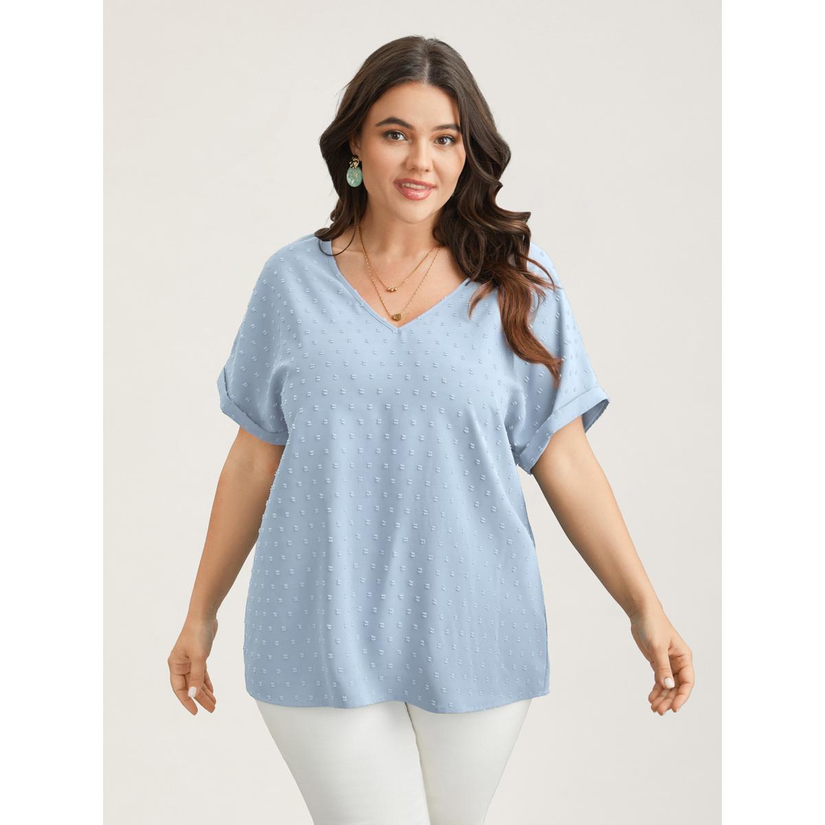 Plus Size LightBlue Back-Button Textured V-Neck Shirt Women Elegant Short sleeve V-neck Everyday Blouses BloomChic 14-16/1X Product Image