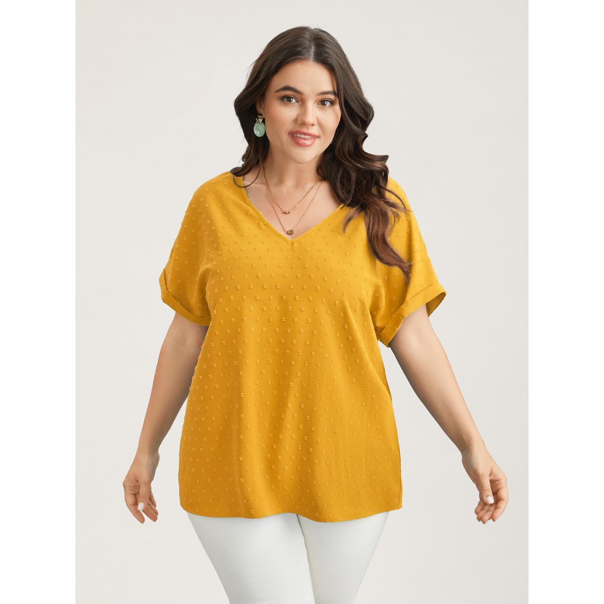 Plus Size Turmeric Back-Button Textured V-Neck Shirt Women Elegant Short sleeve V-neck Everyday Blouses BloomChic 26/4X Product Image