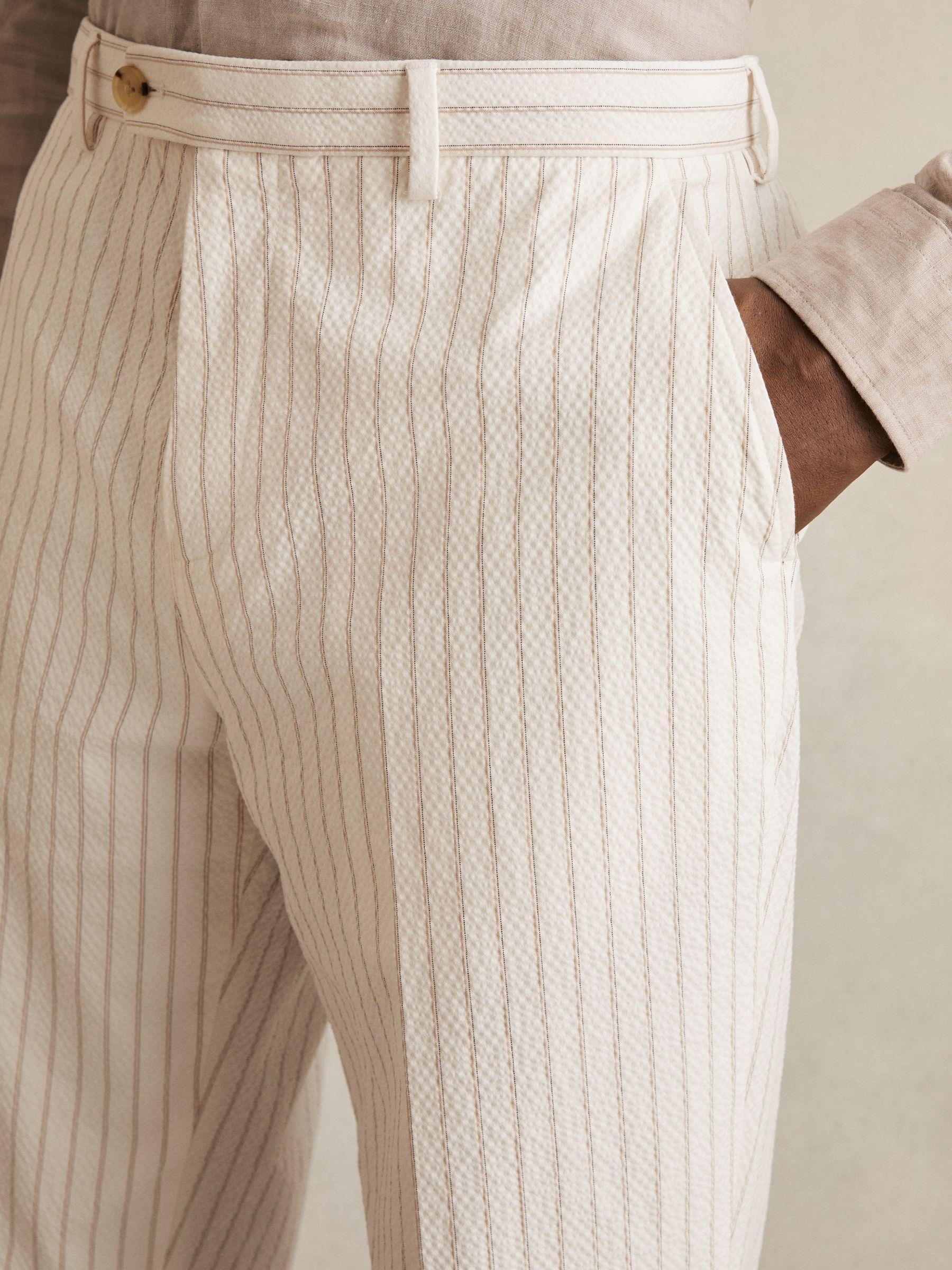 Regular-Fit Cotton-Blend Pinstripe Trousers in Off White/Taupe Brown Product Image