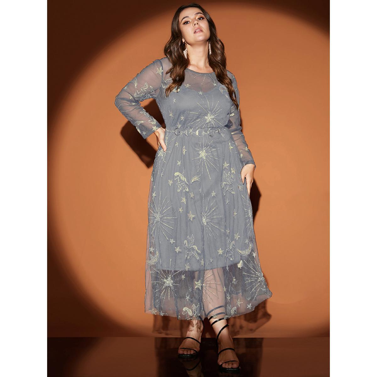 Moon and Star Embroidered Plus Size Women Midi Dress Going out Gathered Long Sleeve Round Neck Party Dresses BloomChic Product Image