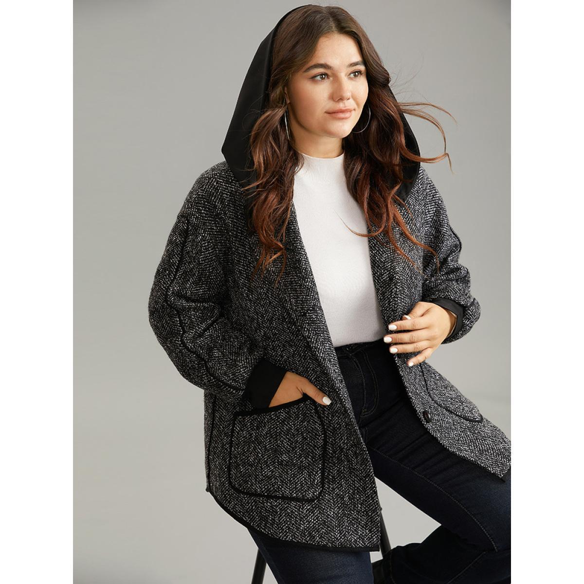 Plus Size Tweed Pocket Button Through Hooded Coat Women Black Casual Patchwork Ladies Dailywear Winter Coats BloomChic 28/5X Product Image