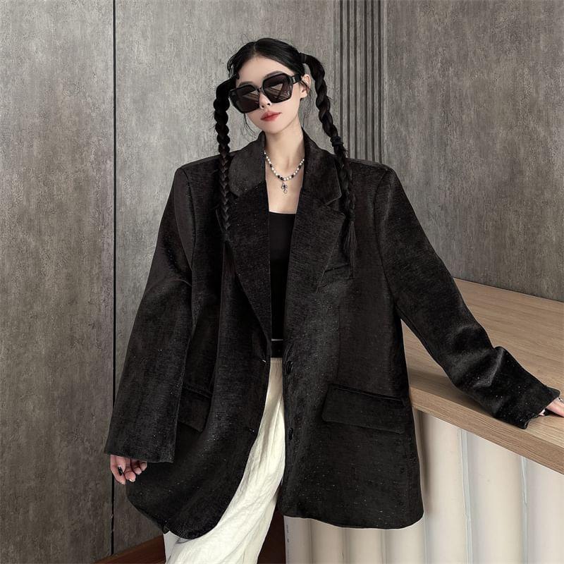 Notch Lapel Glitter Single-Breasted Oversized Velvet Blazer Product Image