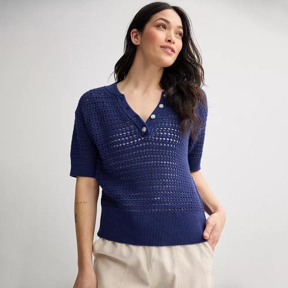 Women's Sonoma Goods For Life® Short Sleeve Henley Sweater, Size: Medium, Blue Beauty Product Image