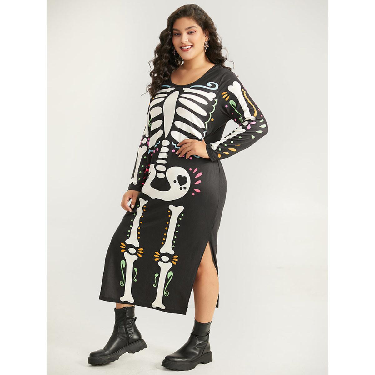 Plus Size Halloween Skull Print Round Neck Split Hem Dress Black Women Casual Printed Round Neck Long Sleeve Curvy Midi Dress BloomChic 30/6X Product Image