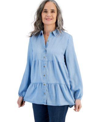 Style & Co Womens Tiered Button-Front Chambray Shirt, Created for Macys Product Image