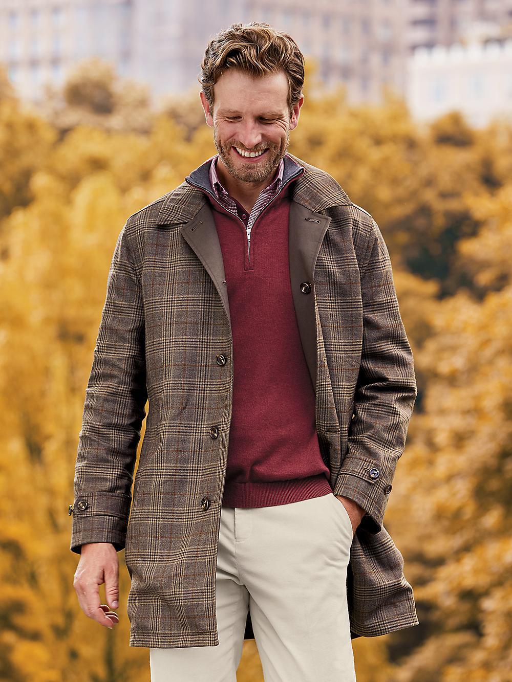 Wool / Cotton Stretch Reversible Plaid Trench Coat - Dark Brown/brown Plaid Product Image