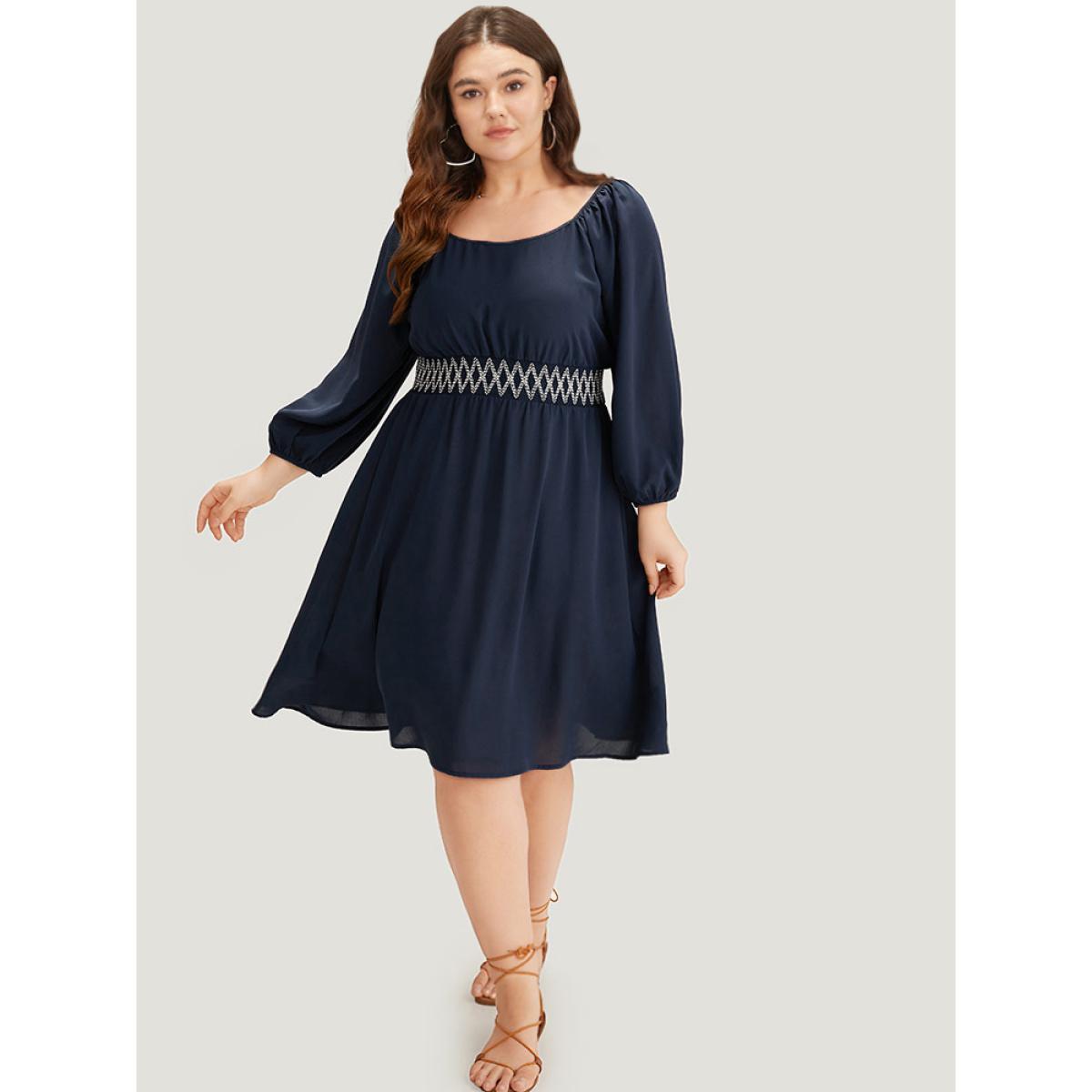 Plus Size Bandana Shirred Square Neck Lantern Sleeve Dress DarkBlue Women Vacation Elastic cuffs Square Neck Long Sleeve Curvy Midi Dress BloomChic 14-16/1X Product Image