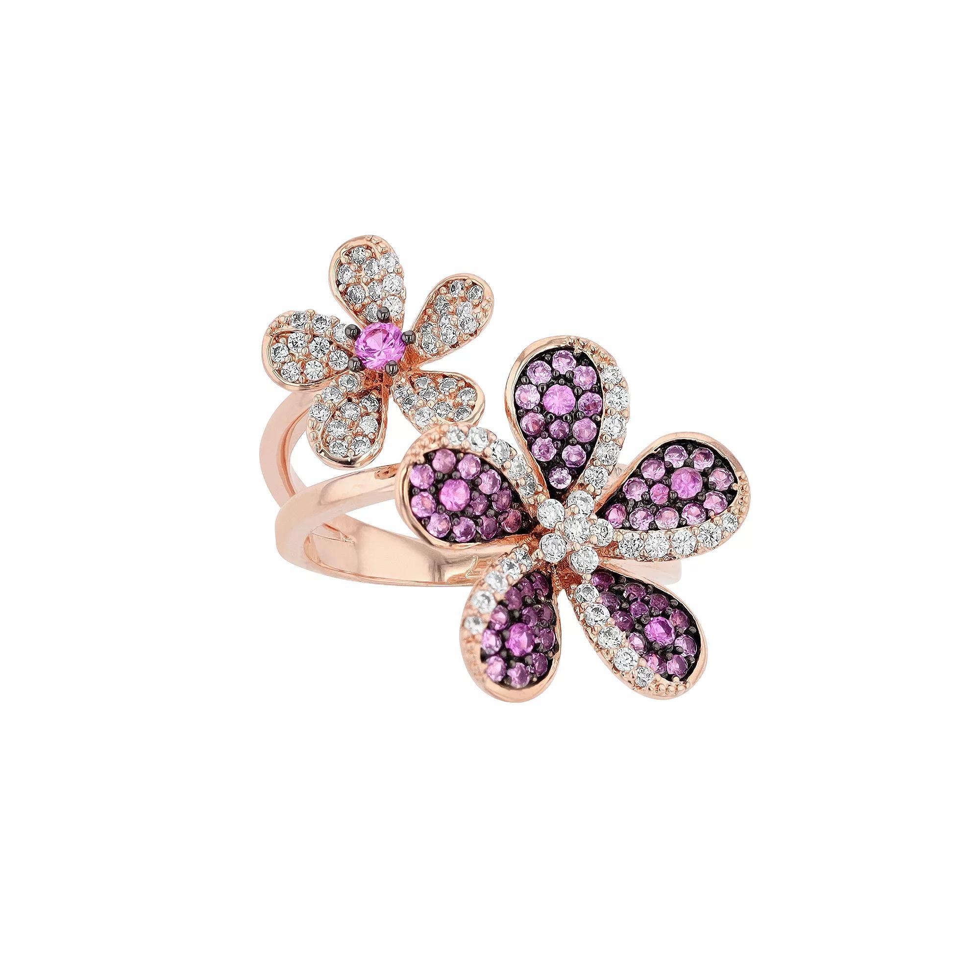 18k Rose Gold Over Silver Pink & White Cubic Zirconia Floral Ring, Womens Pink Tone Product Image
