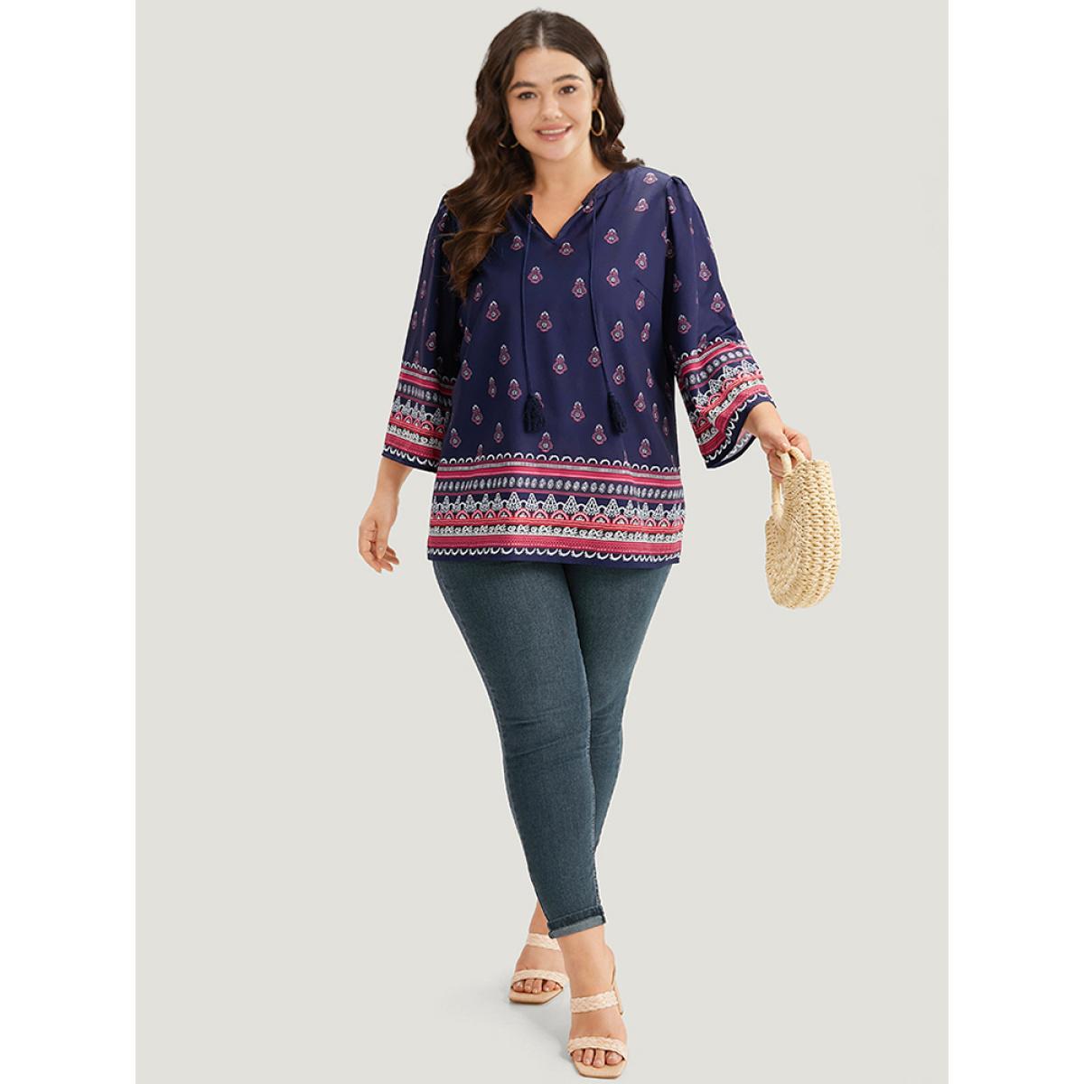 Plus Size Indigo Boho Print Tie Neck Tassel Trim Blouse Women Vacation Elbow-length sleeve V-neck Vacation Blouses BloomChic 26/4X Product Image