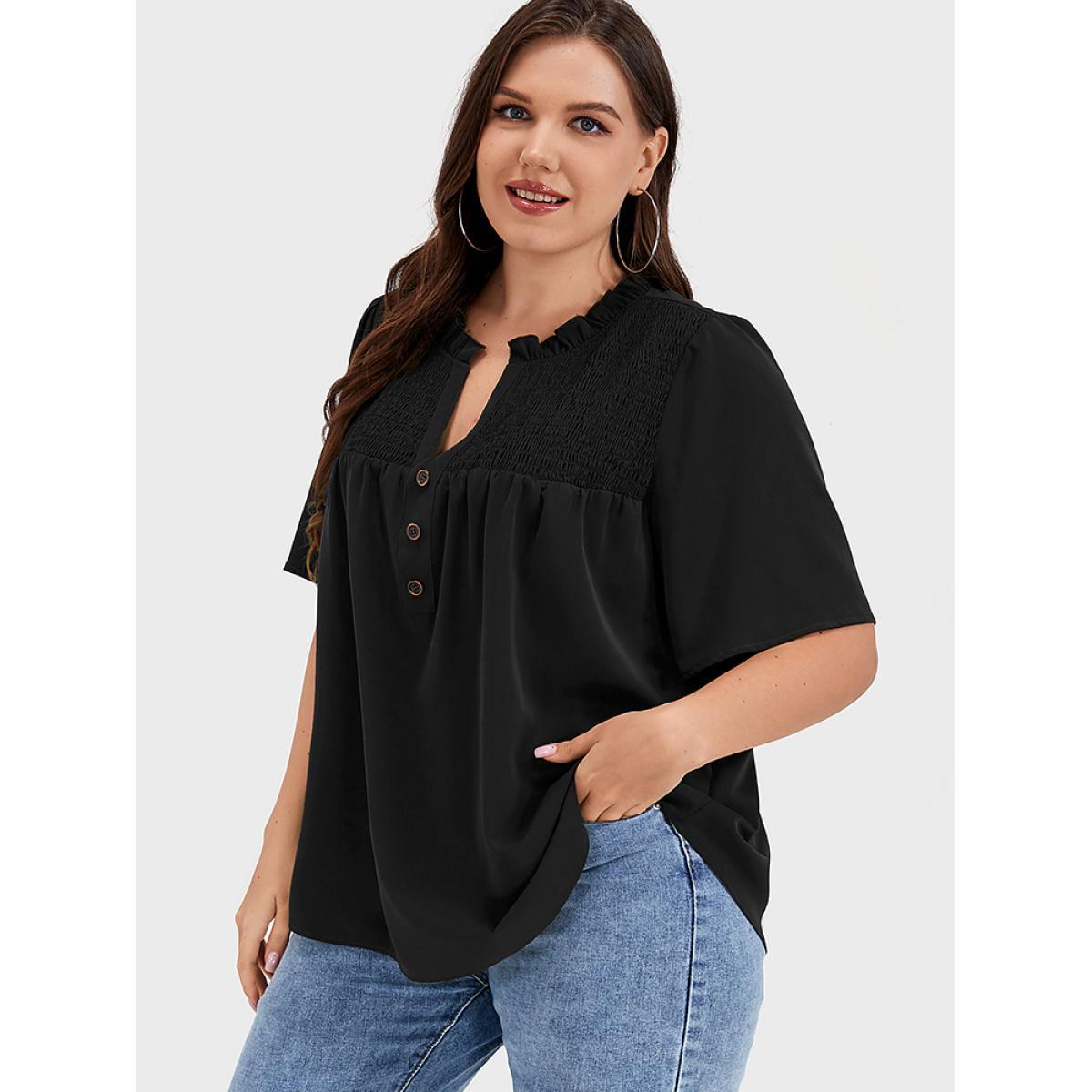 Plus Size Black Solid Shirred Frill Trim Button Notched Neck Blouse Women Elegant Short sleeve Dailywear Blouses BloomChic 12/L Product Image