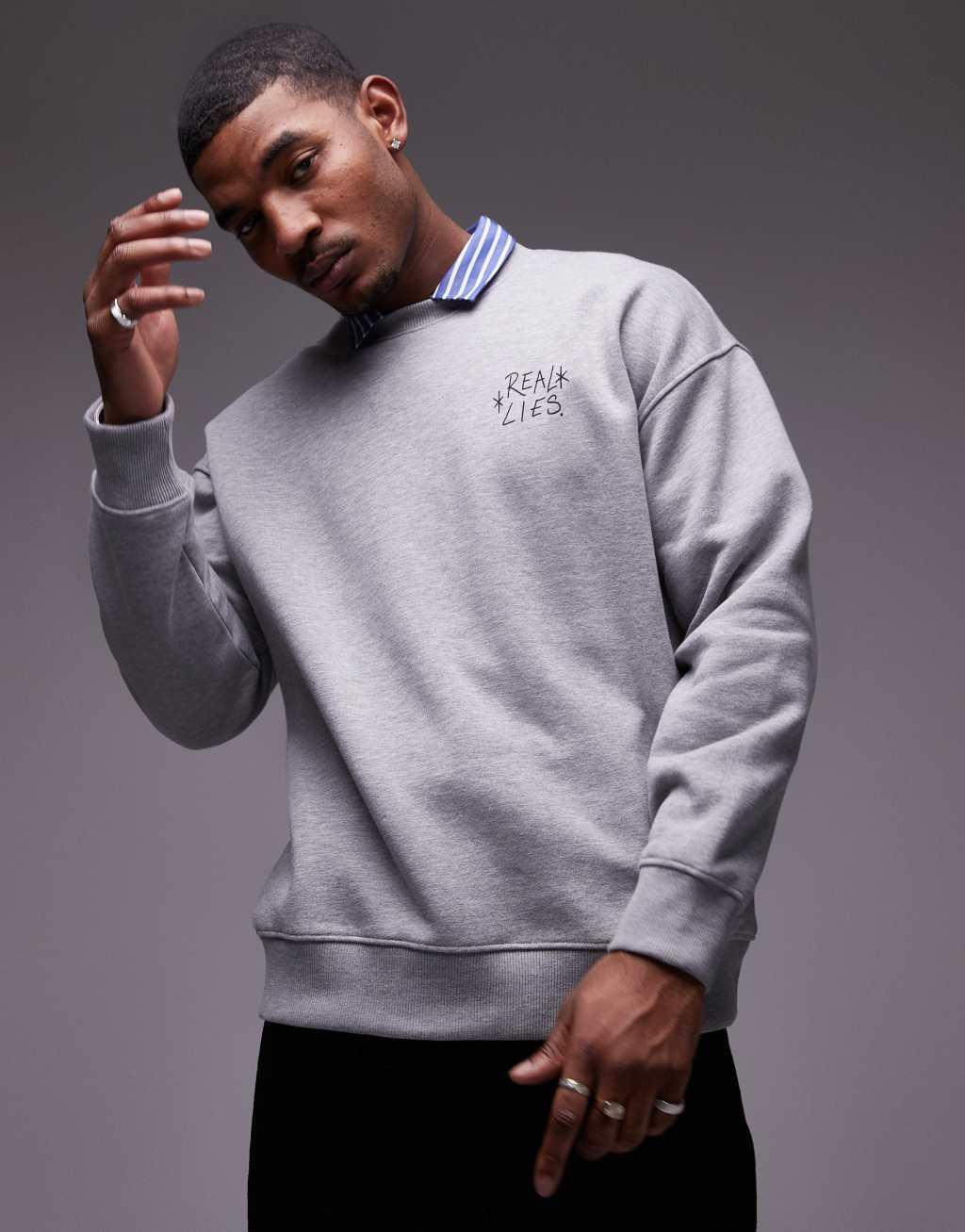 Topman oversized fit sweatshirt with Real Lies print in gray heather Product Image